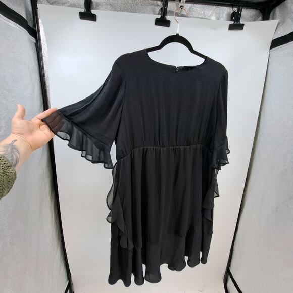 Who What Wear Mini Dress L Flutter Keyhole Sleeve Chiffon Ruffled Tiered Black - Picture 4 of 8